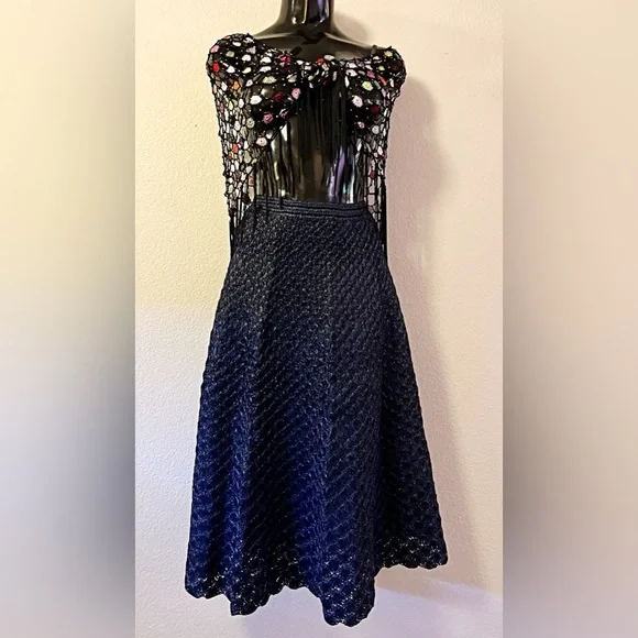 Vintage Anna Giovannozzi Italy Darkest Blue Crochet Raffia Maxi Skirt - Picture 8 of 12
